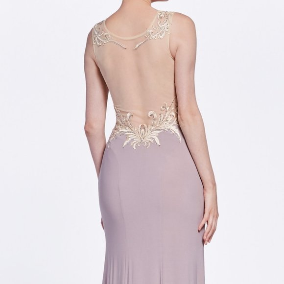 Illusion Neck Lace Bodice Sheath Prom Dress CD43 - Picture 2 of 5